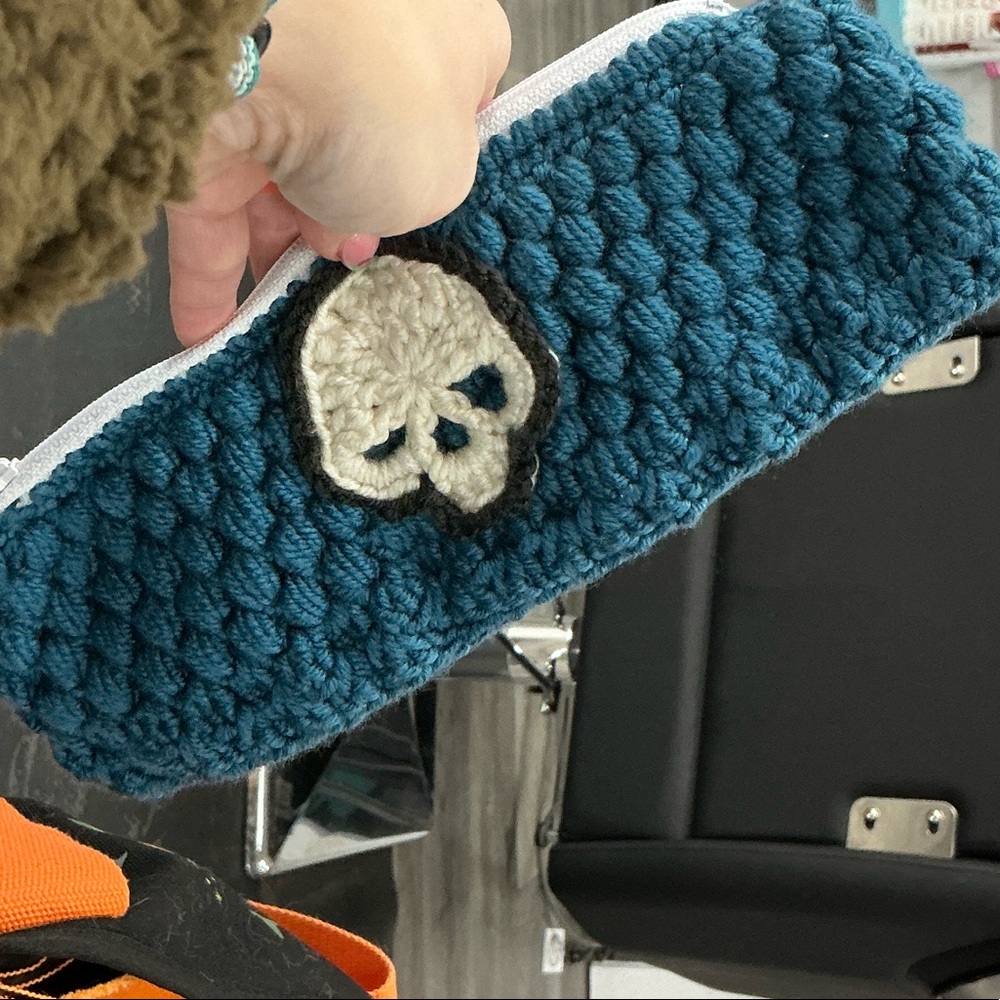 Blue Knit Skull Pencil Case